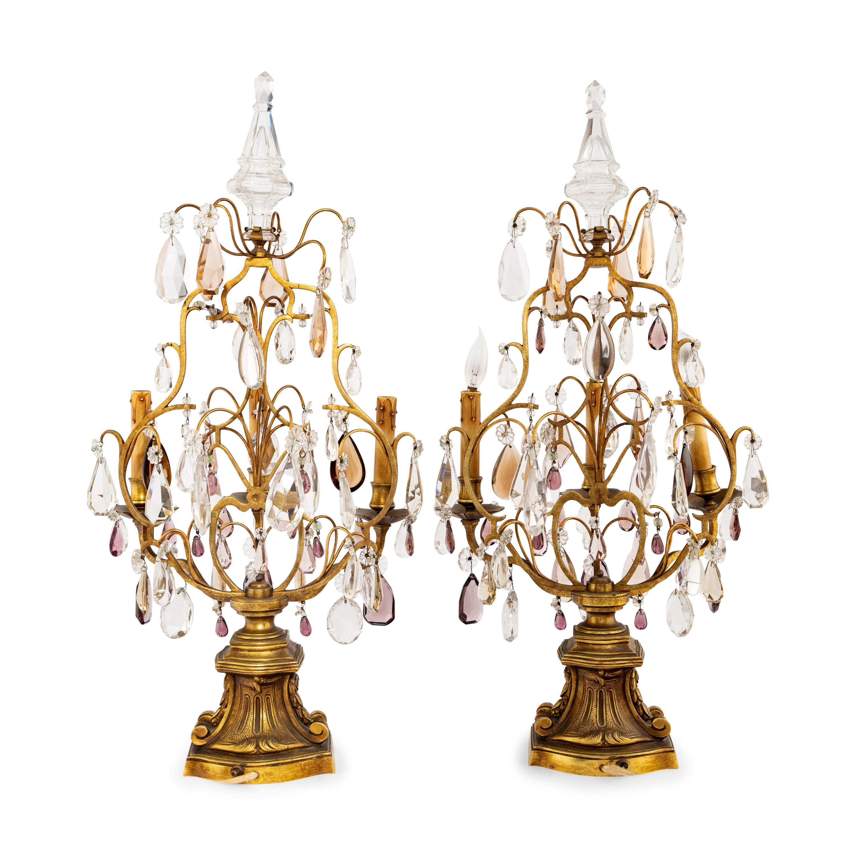 A Pair of French Gilt Metal and Cut Glass Three-Light Girandoles