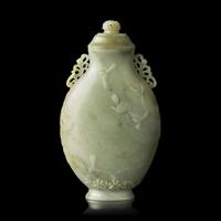 A Chinese Greyish Celadon Jade Vase and Cover 青玉浮雕梅雀爭春蓋瓶