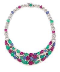 An 18 Karat White Gold, Diamond, Carved Ruby, Sapphire, and Emerald Necklace, 58.70 dwts.