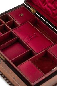 An English Rosewood, Burr Yew and Mother of Pearl Sewing Box