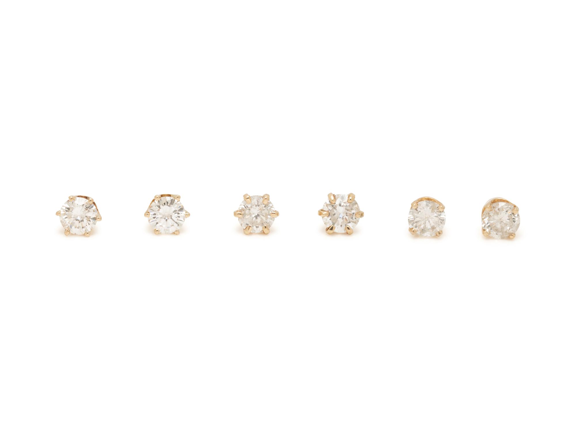 THREE PAIRS OF YELLOW GOLD AND DIAMOND STUD EARRINGS