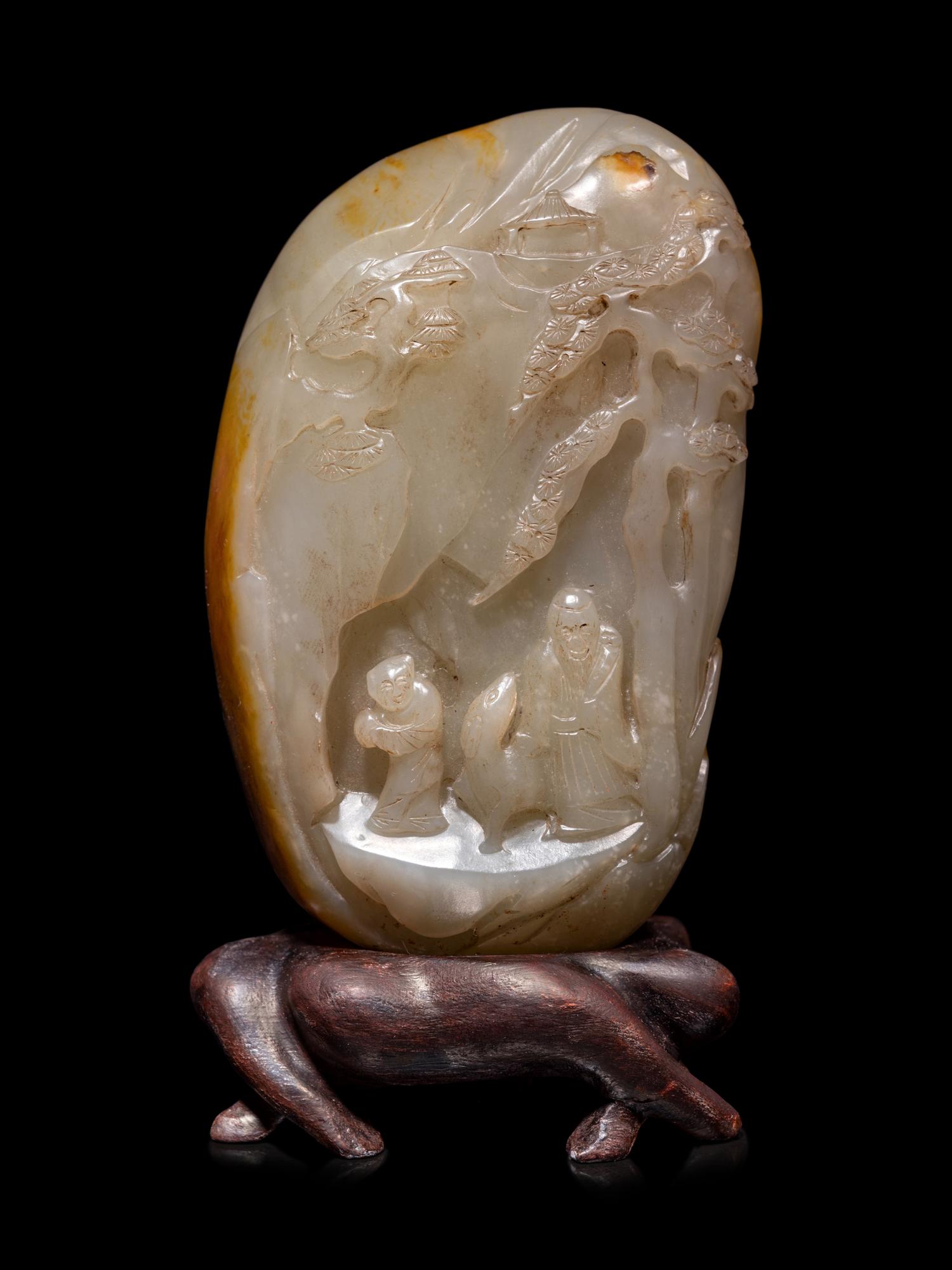 Two Chinese Carved Celadon Jade Boulders