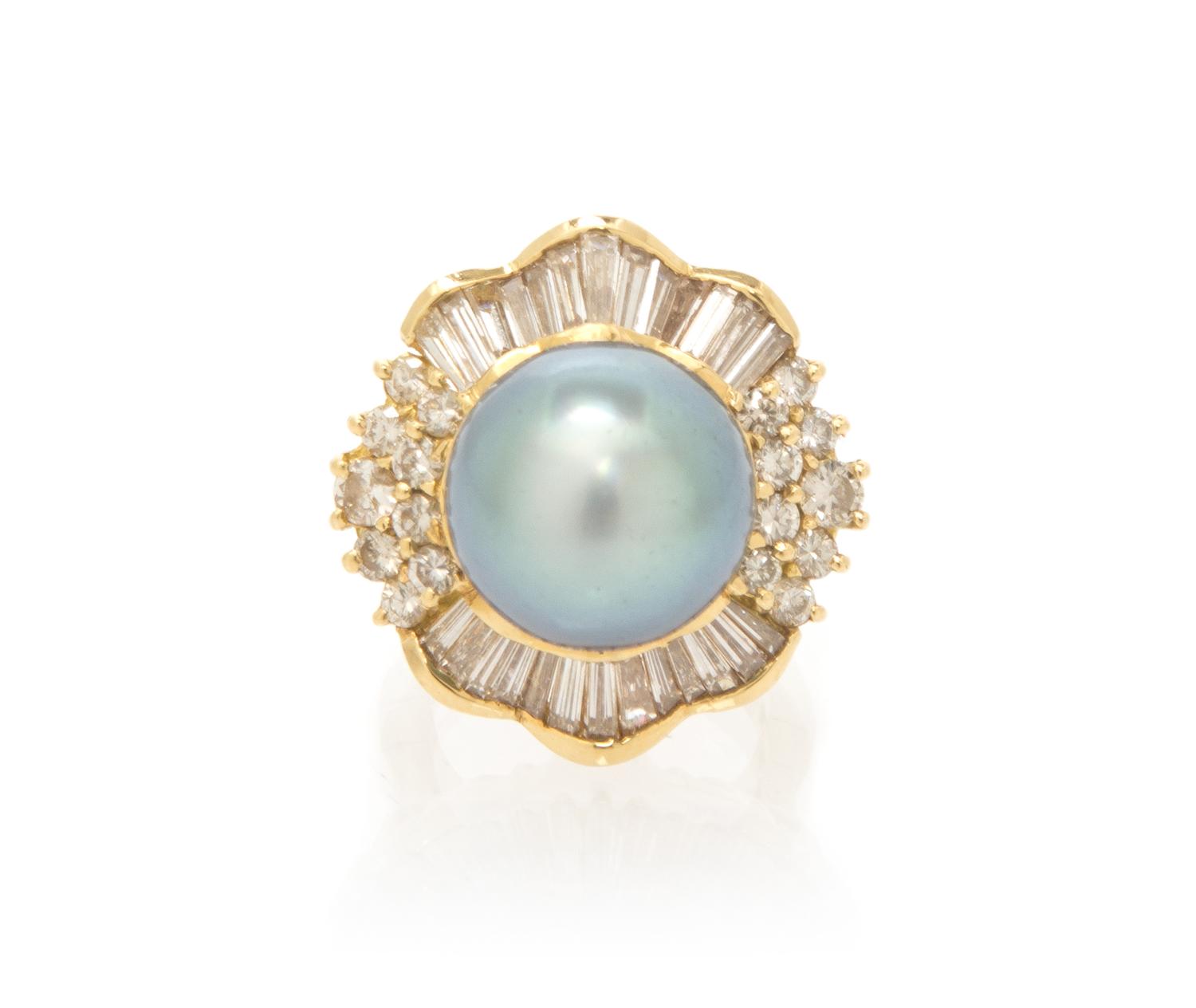 A 14 Karat Yellow Gold, Tahitian Pearl and Diamond Ring, 9.40 dwts.