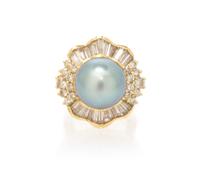 A 14 Karat Yellow Gold, Tahitian Pearl and Diamond Ring, 9.40 dwts.