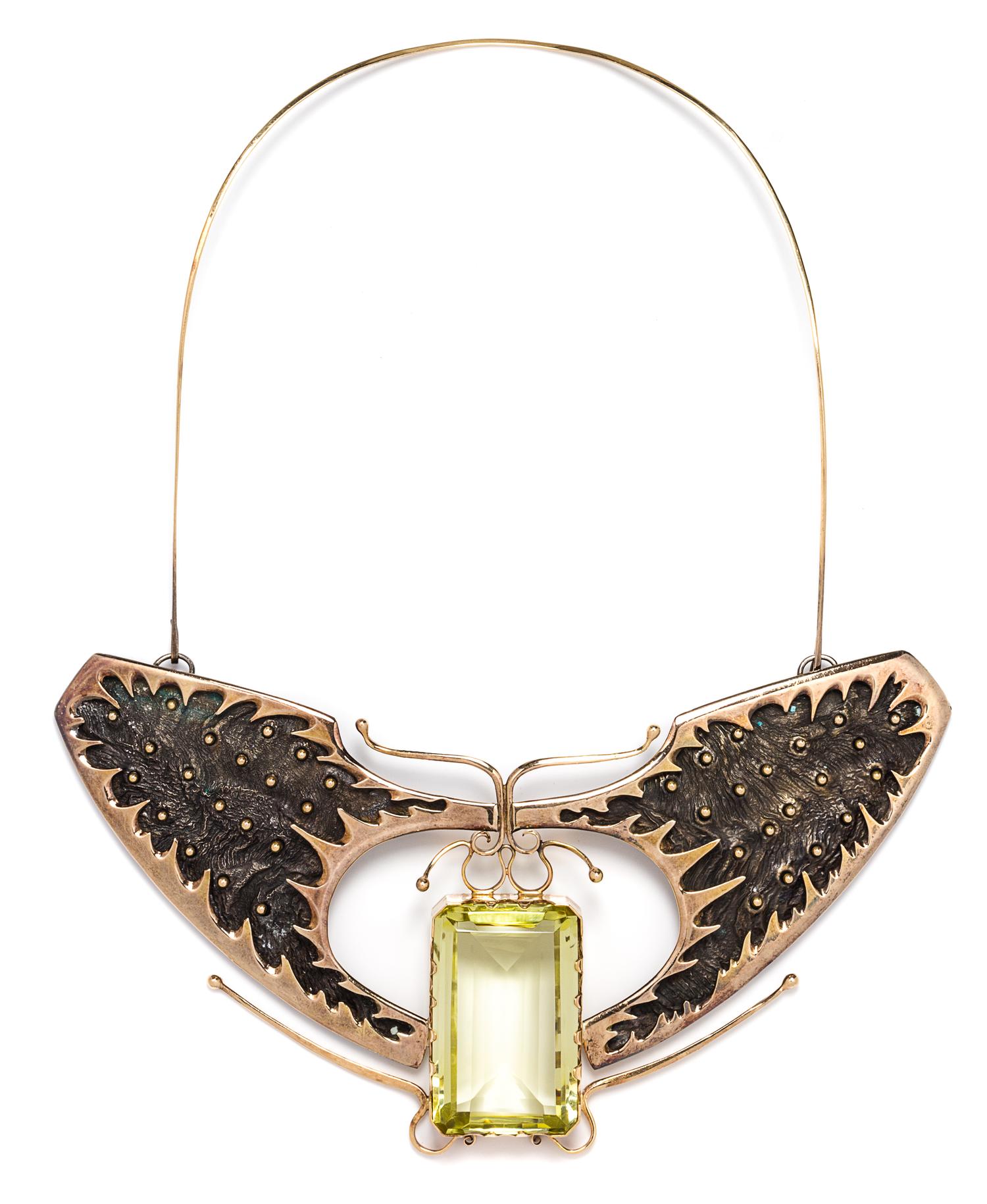 A Silver, Gold and Yellow Quartz Butterfly Motif Collar Necklace, 103.90 dwts.