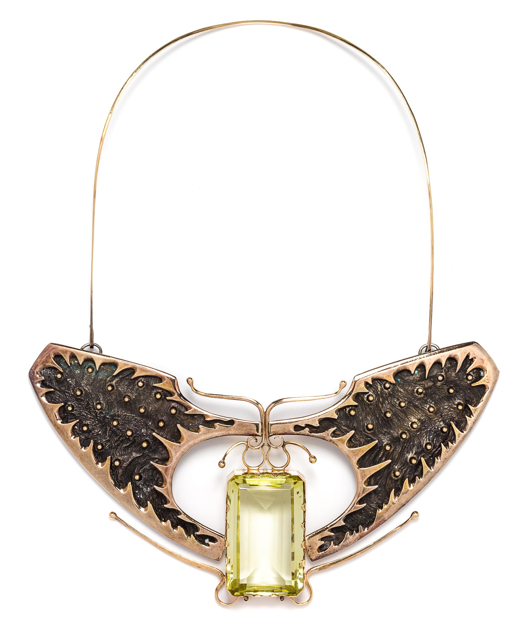 A Silver, Gold and Yellow Quartz Butterfly Motif Collar Necklace, 103.90 dwts.