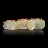 A Chinese Russet and Pale Celadon Jadeite "Dragons" Belthook 翡翠龍紋帶鉤