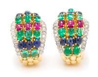 A Pair of 18 Karat Yellow Gold, Platinum, Diamond and Multigem Earclips, David Webb, 18.30 dwts.