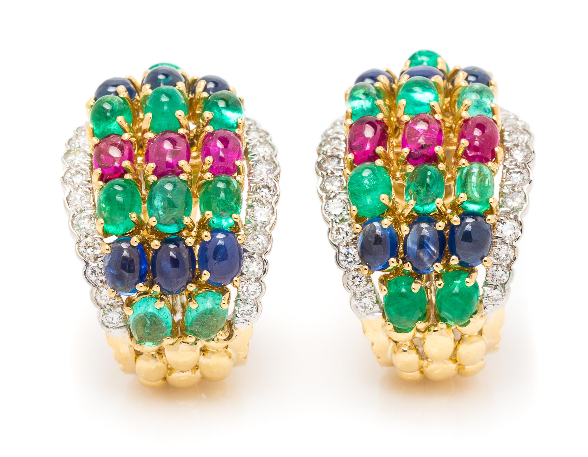 A Pair of 18 Karat Yellow Gold, Platinum, Diamond and Multigem Earclips, David Webb, 18.30 dwts.