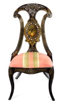 A Victorian Papier-Mache and Mother-of-Pearl Inlaid Slipper Chair Height 34 inches. — LATE 19TH CENTURY