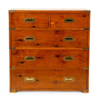 An English Burl Yew and Walnut Brass Mounted Two-Part Campaign Chest of Drawers — 20TH CENTURY