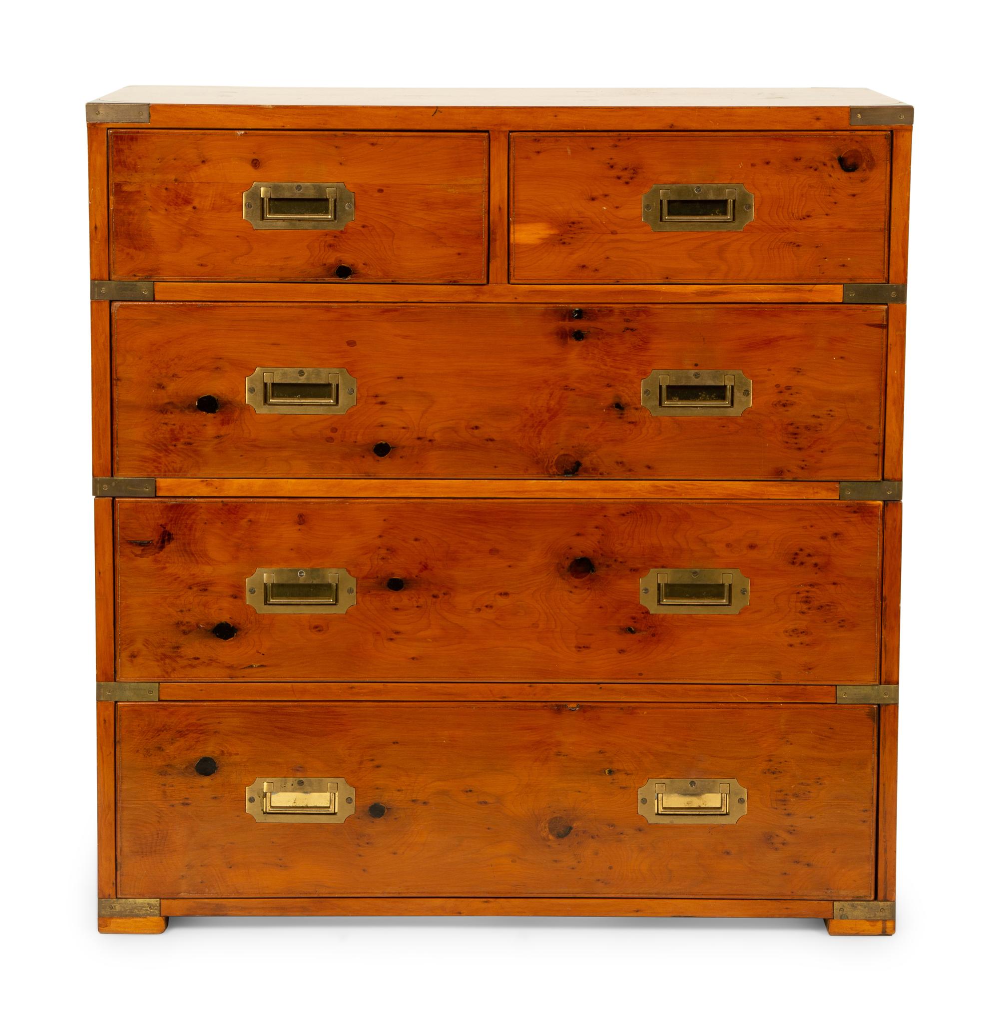 An English Burl Yew and Walnut Brass Mounted Two-Part Campaign Chest of Drawers — 20TH CENTURY