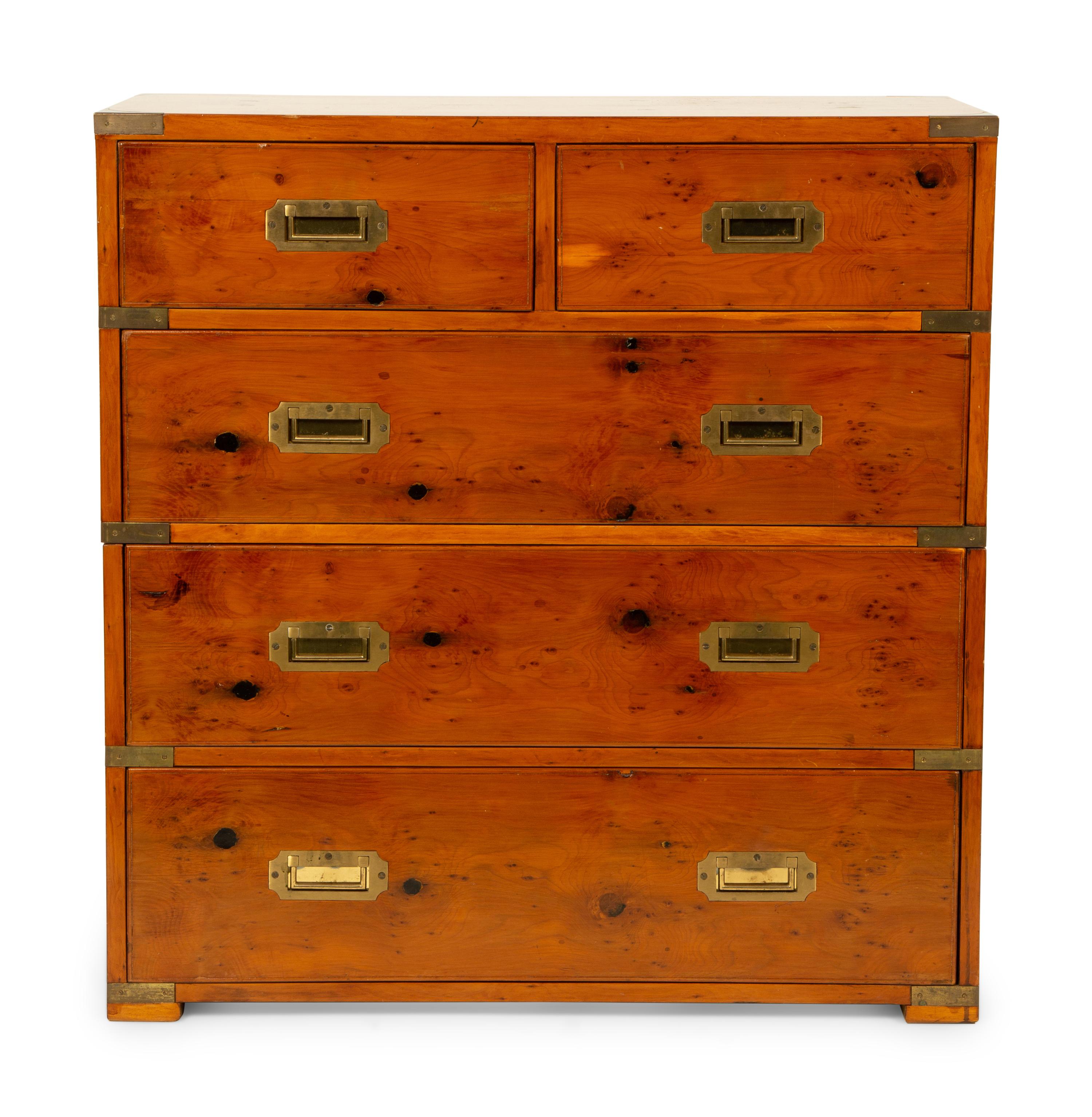 An English Burl Yew and Walnut Brass Mounted Two-Part Campaign Chest of Drawers — 20TH CENTURY