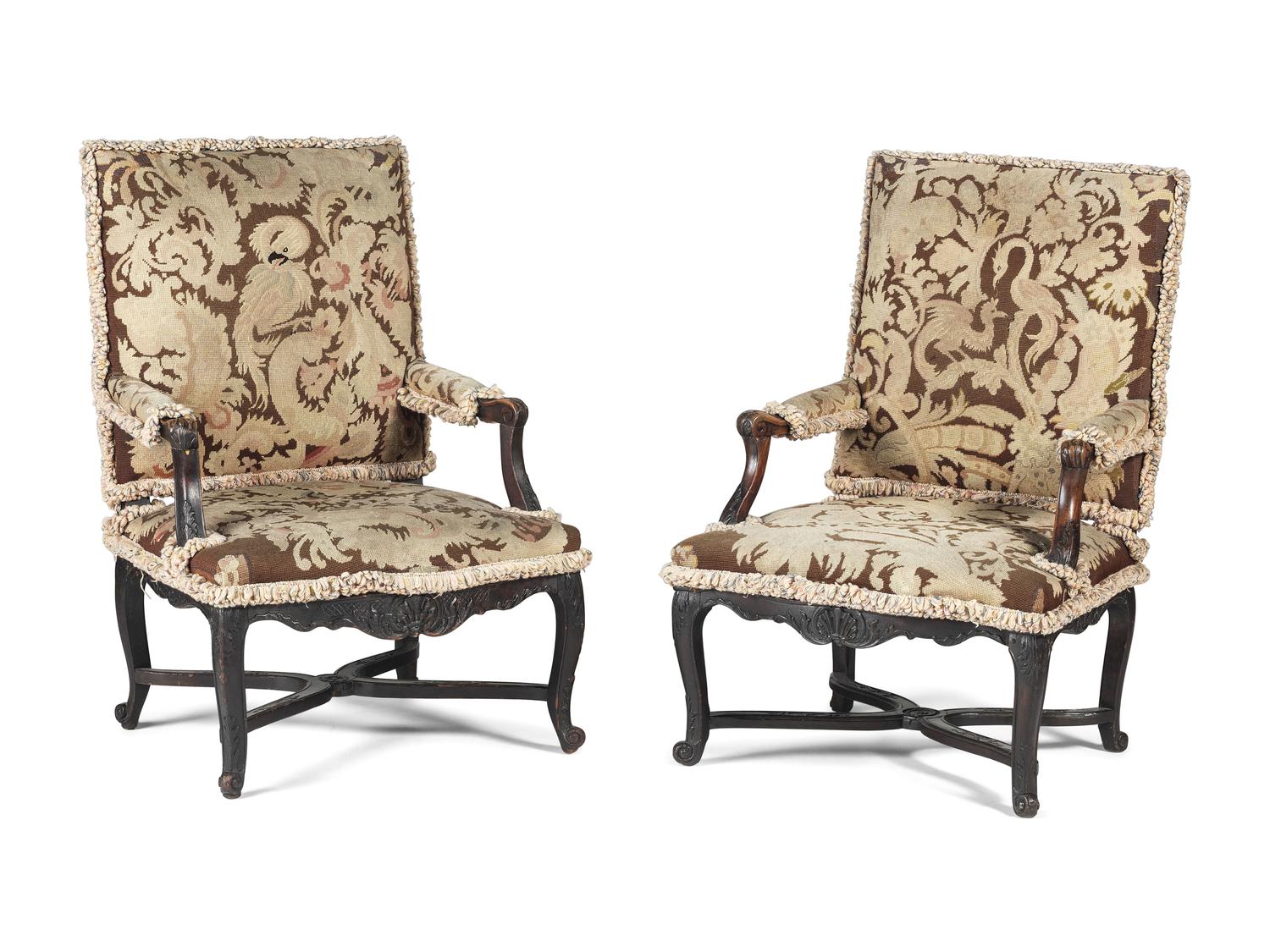 A Pair of Louis XV Style Carved Walnut Needlepoint Upholstered Fauteuils