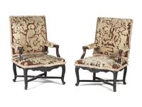 A Pair of Louis XV Style Carved Walnut Needlepoint Upholstered Fauteuils