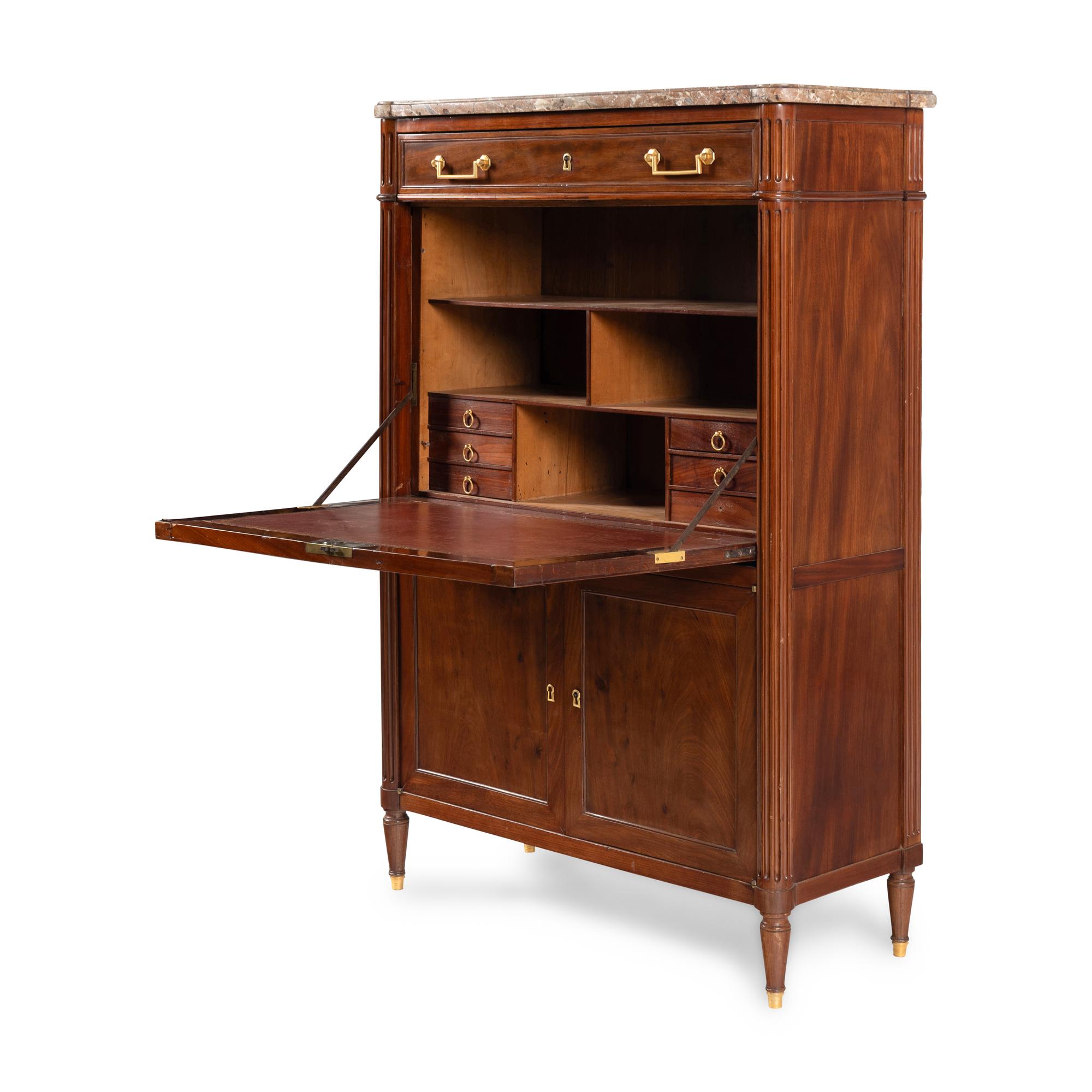 A Louis XVI Gilt Metal Mounted Mahogany Marble-Top Secrétaire à Abattant