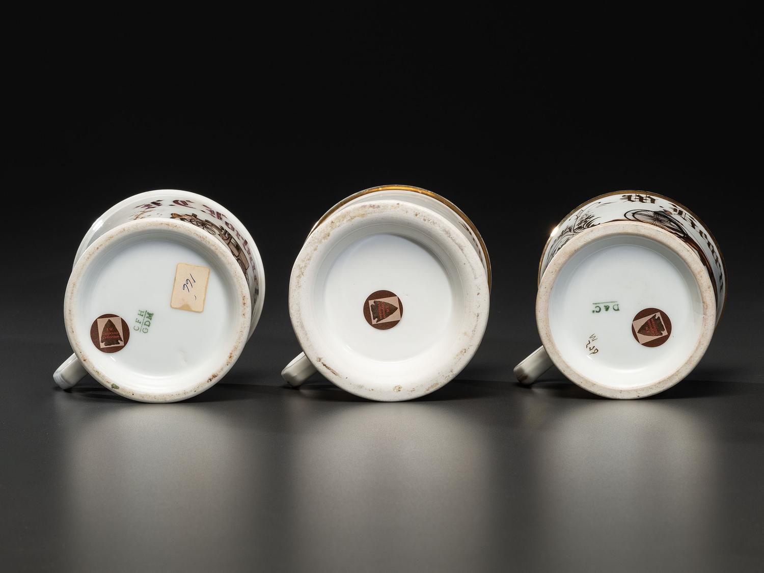 Three Porcelain Occupational Shaving Mugs of Equine Interest
