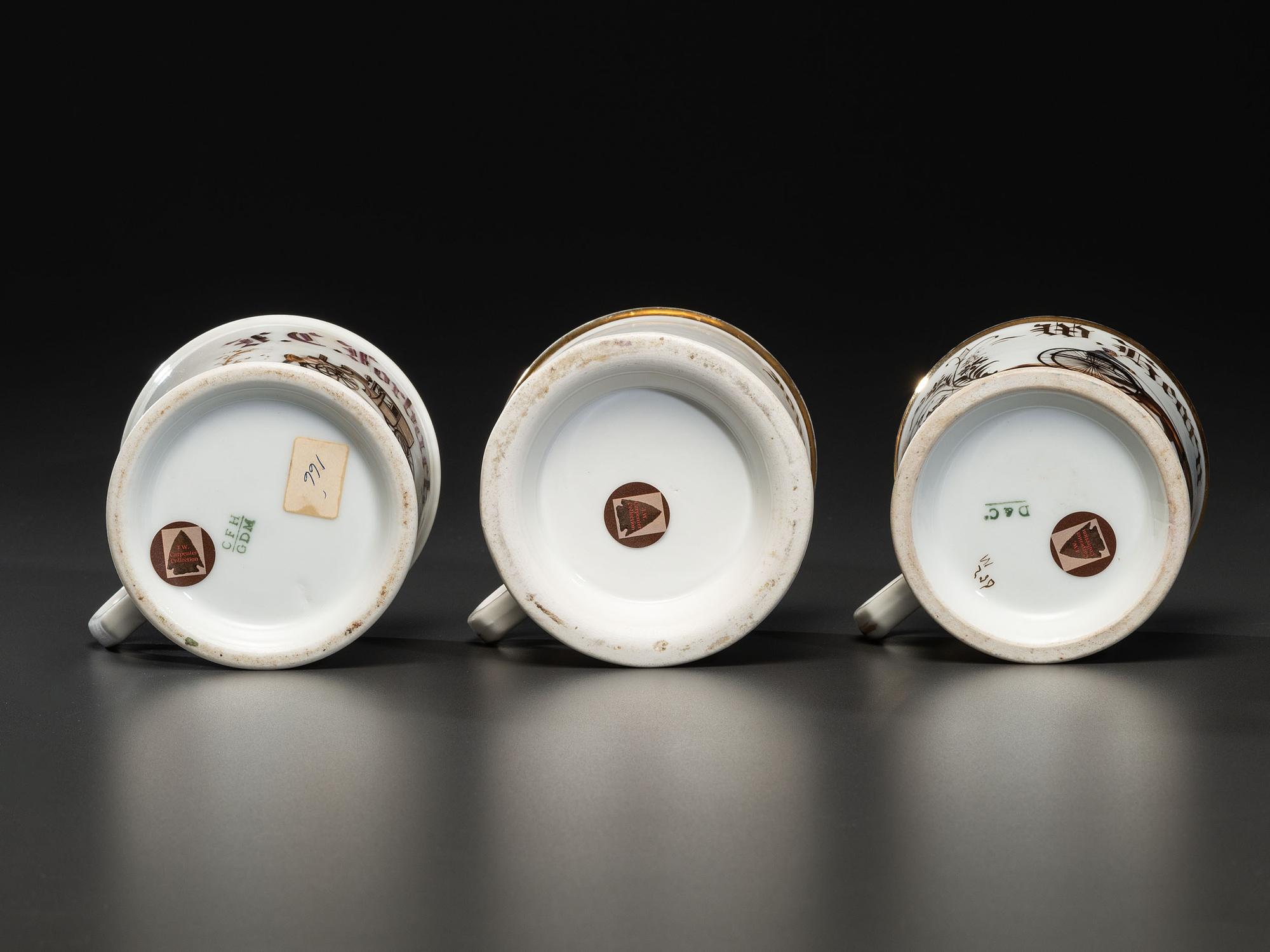 Three Porcelain Occupational Shaving Mugs of Equine Interest