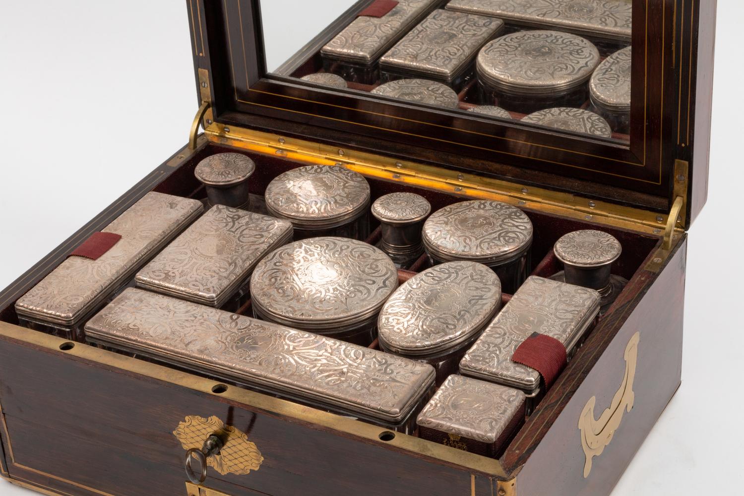 An English Brass-Inlaid Rosewood Dressing Set — 19TH CENTURY