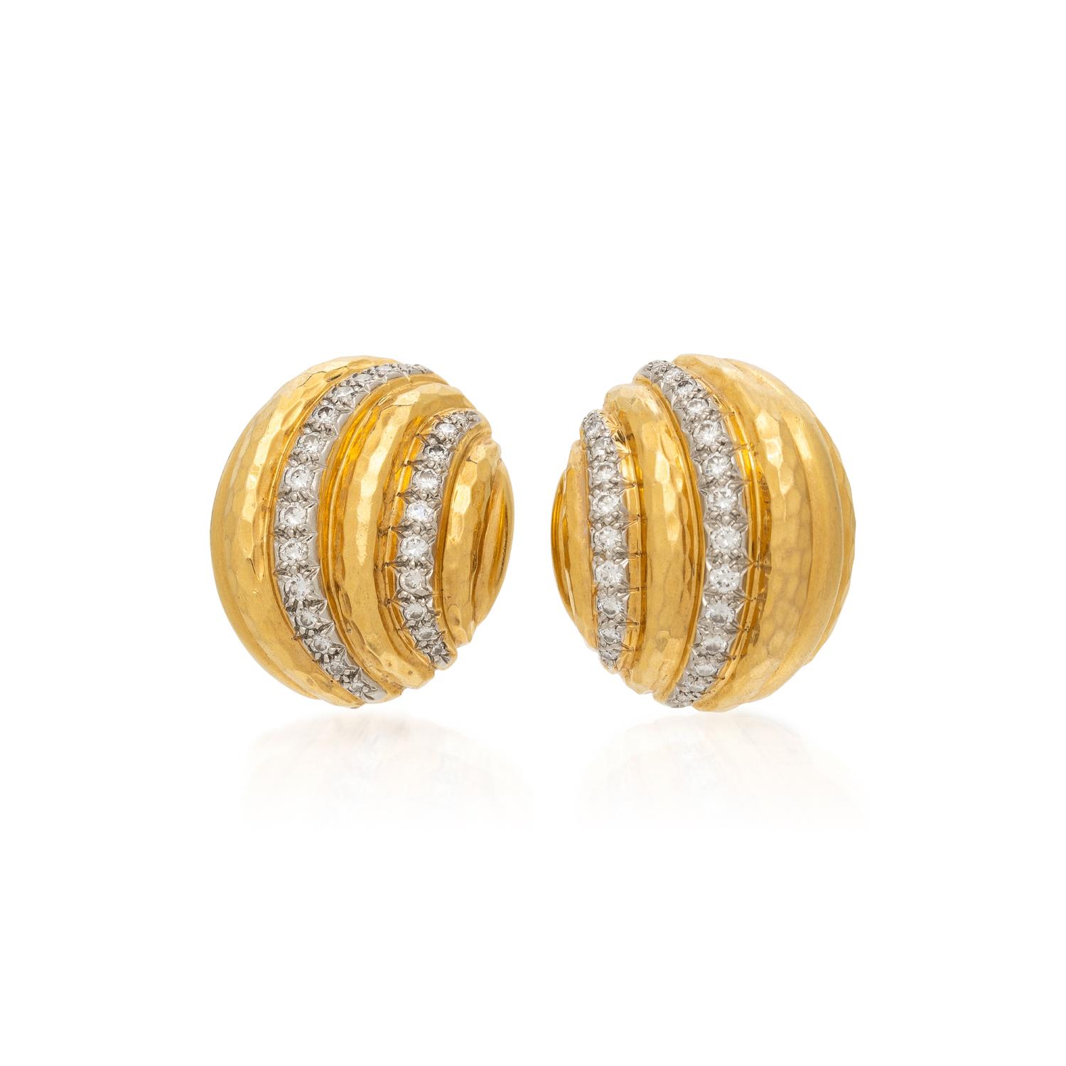 ANDREW CLUNN, HAMMERED GOLD, DIAMOND, AND PLATINUM EARRINGS
