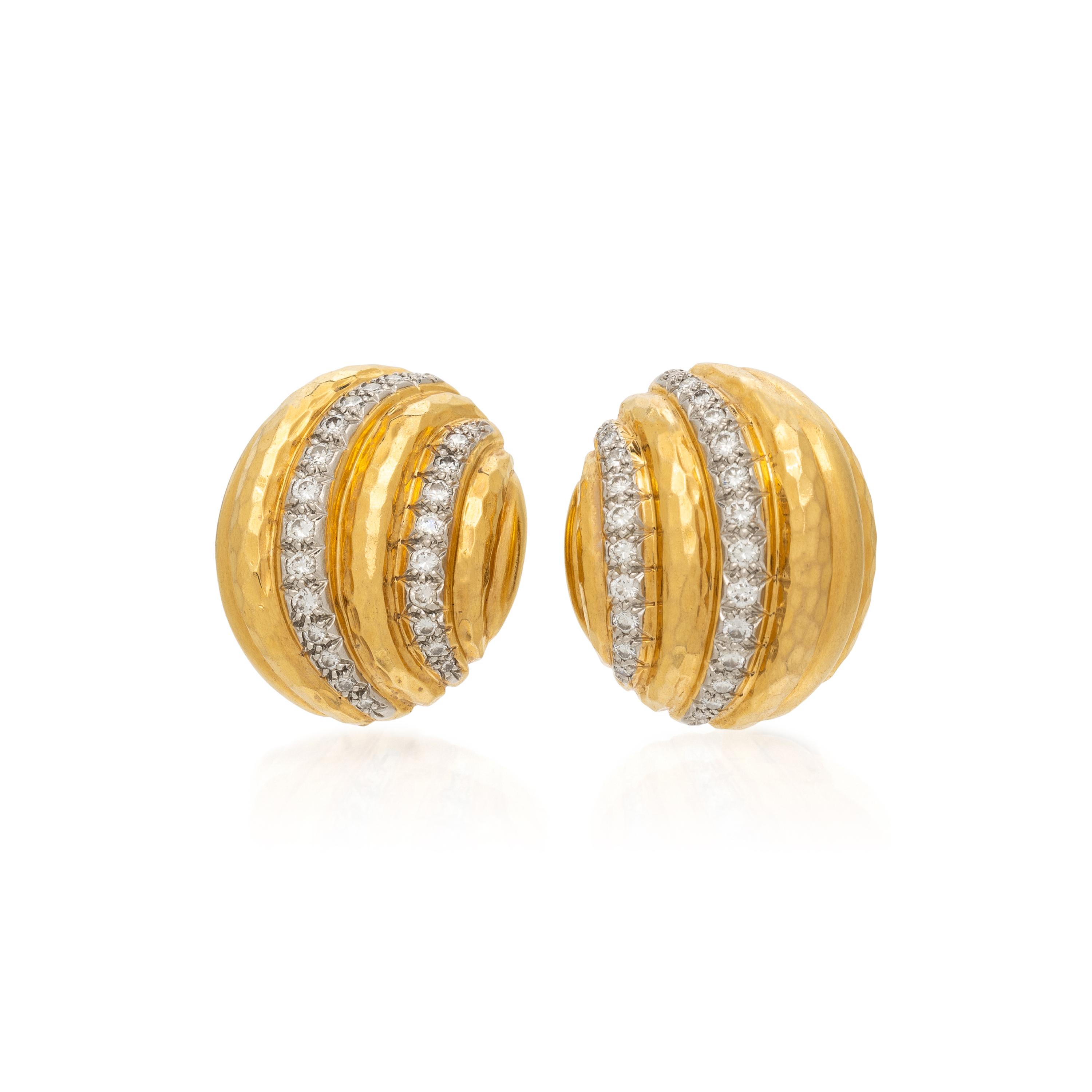 ANDREW CLUNN, HAMMERED GOLD, DIAMOND, AND PLATINUM EARRINGS