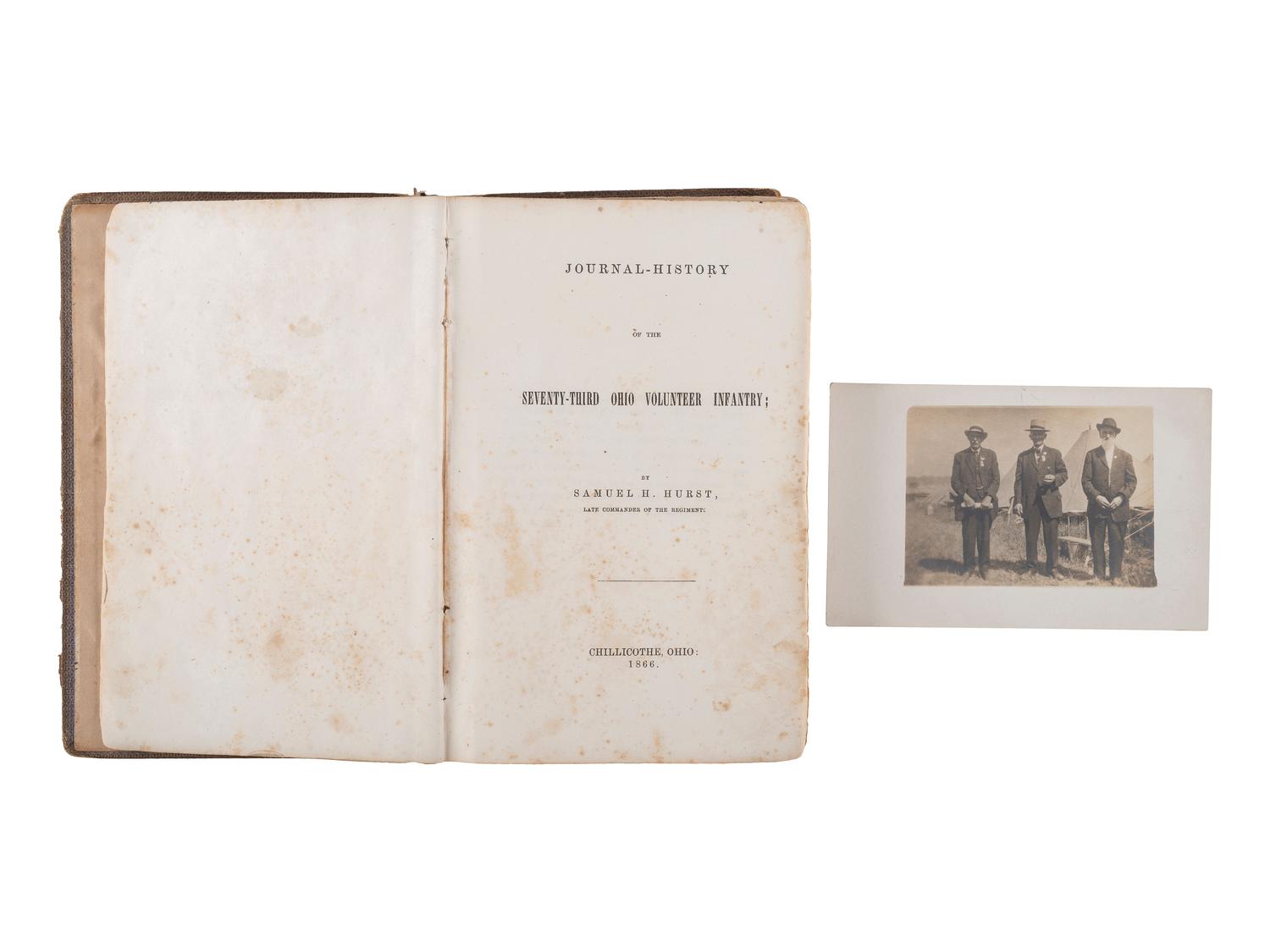 [CIVIL WAR]. HURST, Samuel H. Journal-History of the Seventy-Third Ohio Volunteer Infantry. Chillicothe, OH: N.p., 1866. Identified to Capt. Abisha Downing, Co. D, 73rd Ohio. [ With :] Real photo postcard of Downing.