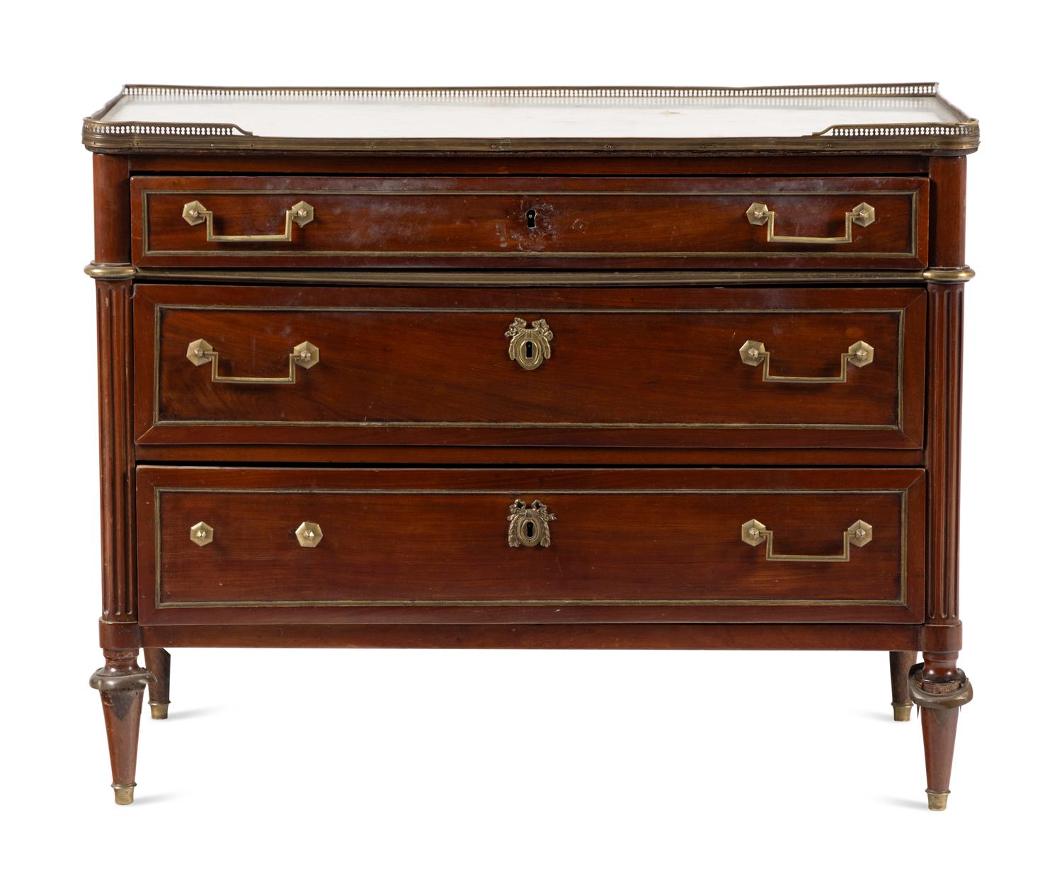 A Directoire Gilt Bronze Mounted Mahogany and Marble-Top Commode