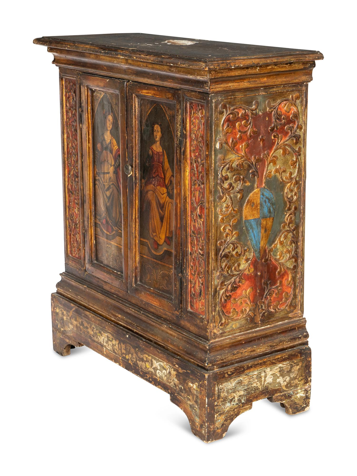 A Florentine Painted and Parcel Gilt Cabinet with Gesso Pastiglia Panels