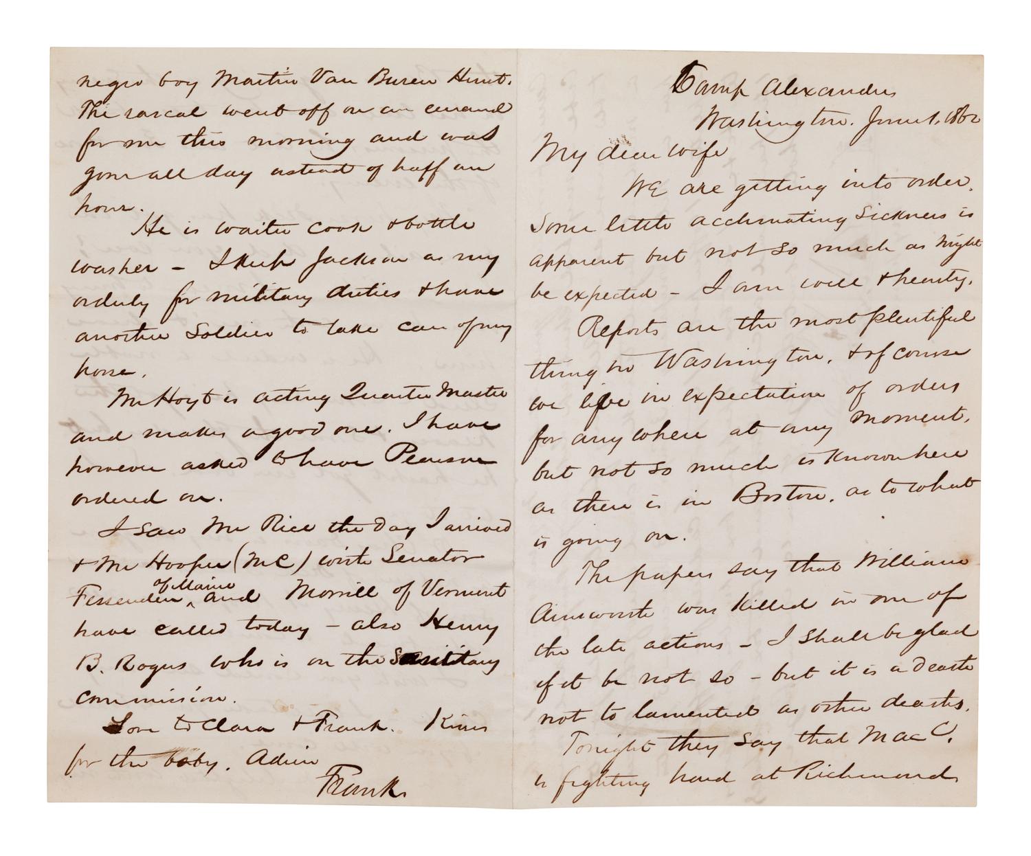 [CIVIL WAR]. Illustrated union officer letter. Autograph letter signed ("Frank"), to "my dear wife." Camp Alexander, Washington, 1 June 1862.