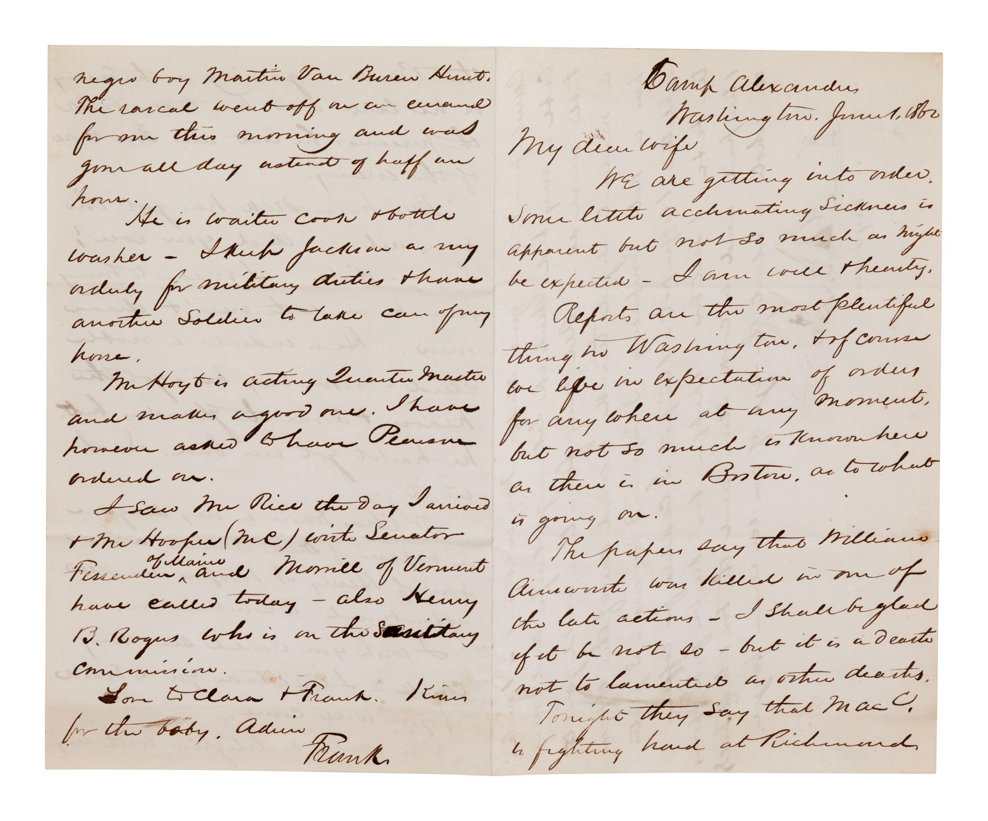[CIVIL WAR]. Illustrated union officer letter. Autograph letter signed ("Frank"), to "my dear wife." Camp Alexander, Washington, 1 June 1862.