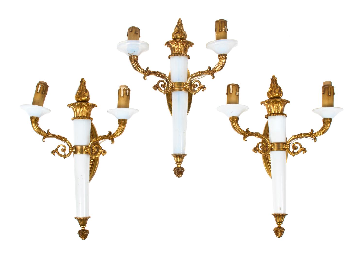 Three French Gilt Bronze and Opaline Glass Two-Light Sconces, Height 15 1/2 inches.
