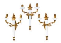 Three French Gilt Bronze and Opaline Glass Two-Light Sconces, Height 15 1/2 inches.