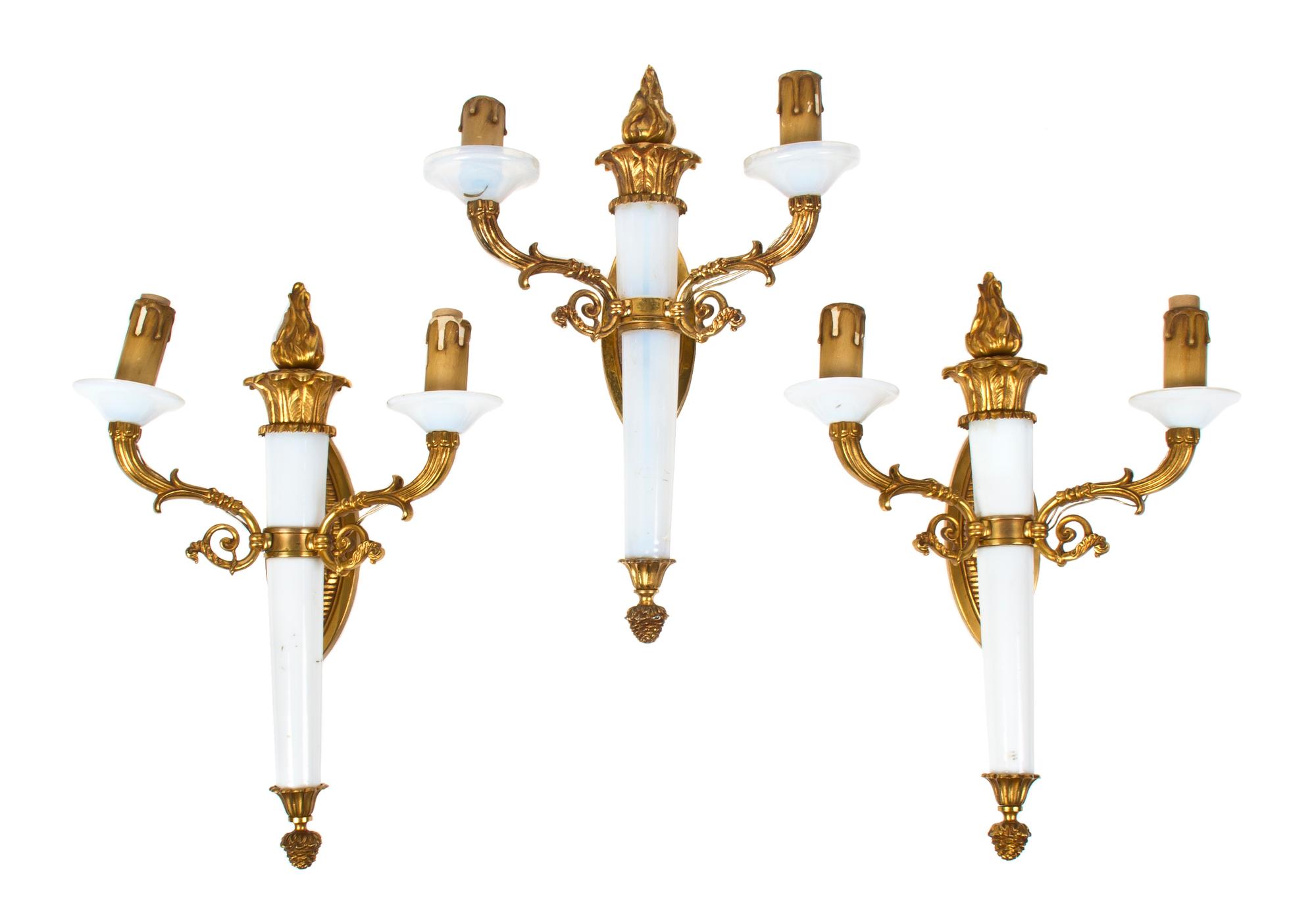 Three French Gilt Bronze and Opaline Glass Two-Light Sconces, Height 15 1/2 inches.
