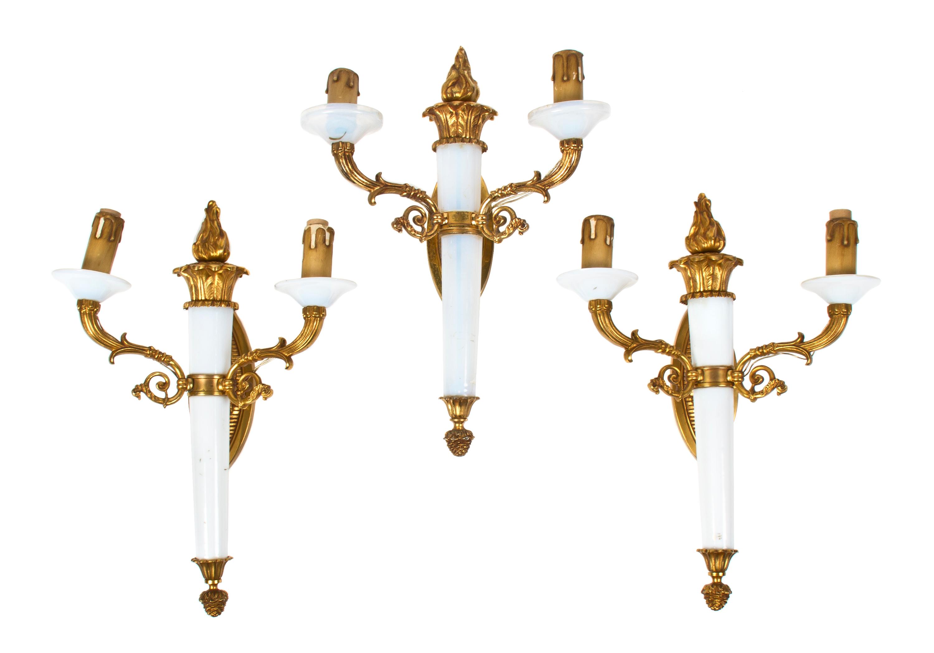 Three French Gilt Bronze and Opaline Glass Two-Light Sconces, Height 15 1/2 inches.