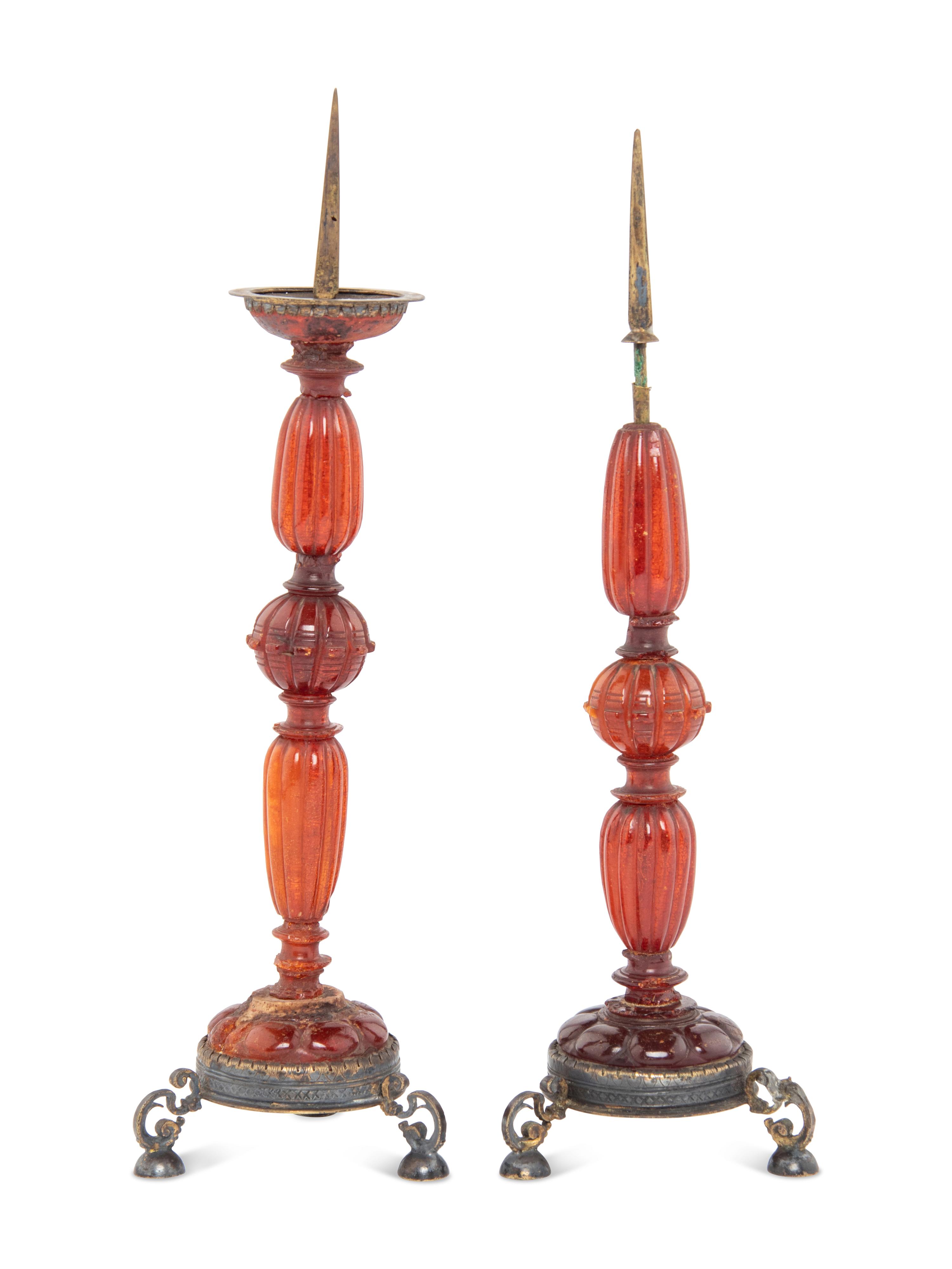 A Matched Pair of German Carved Amber-Mounted Pricket Sticks