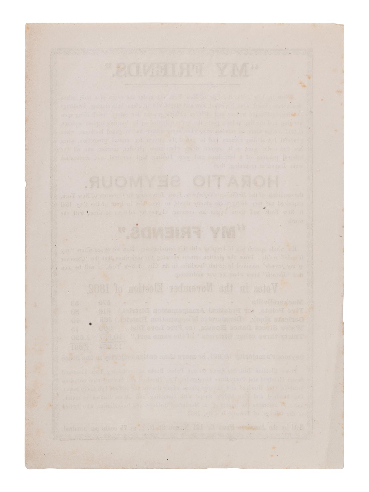 [POLITICAL]. Unionist broadside attacking New York Gov. Horatio Seymour, ca 1864.