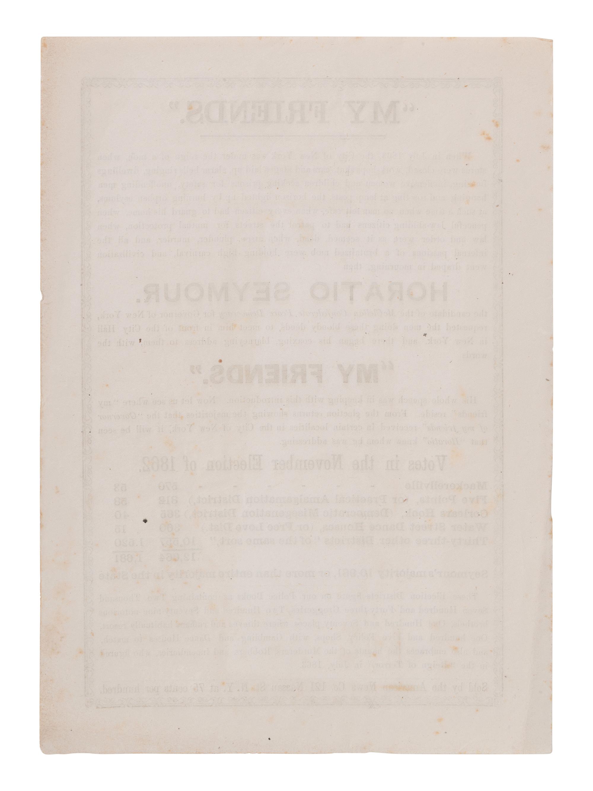 [POLITICAL]. Unionist broadside attacking New York Gov. Horatio Seymour, ca 1864.