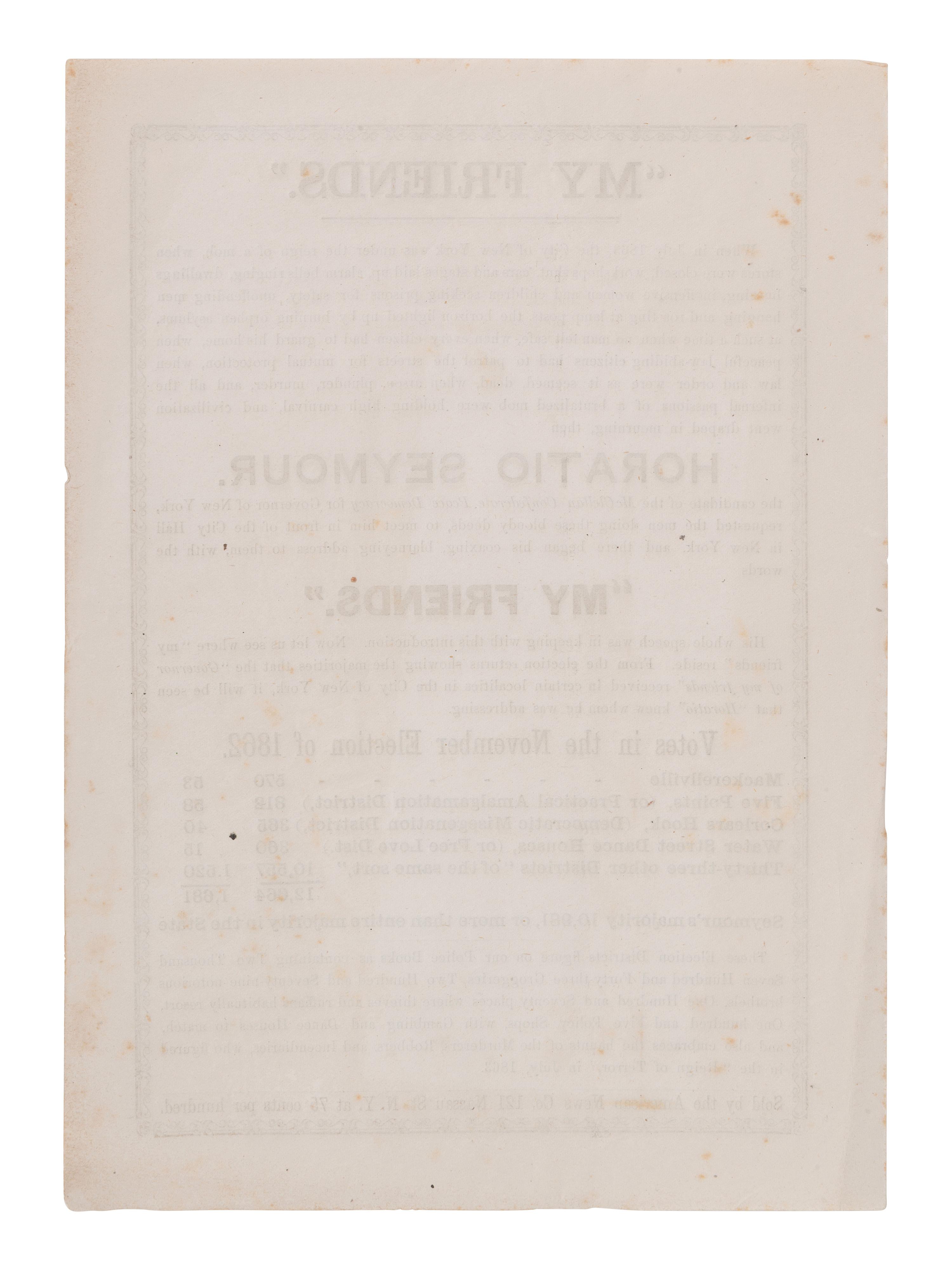 [POLITICAL]. Unionist broadside attacking New York Gov. Horatio Seymour, ca 1864.