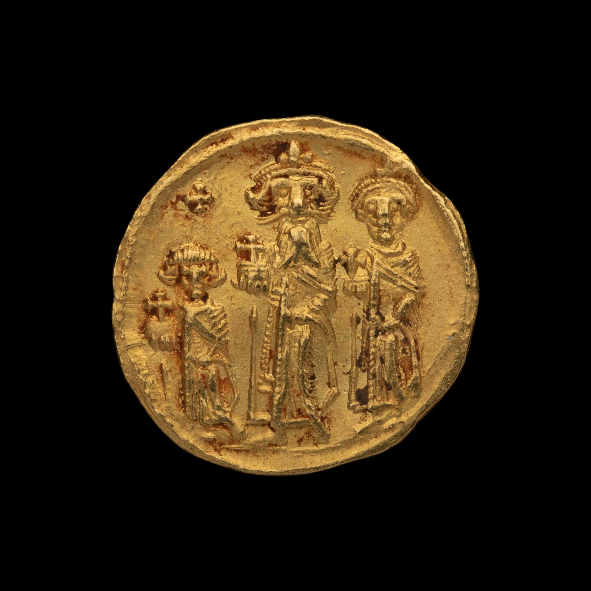 [ANCIENTS] BYZANTINE EMPIRE. Heraclius (638-641 AD). Av Solidus (4.4g, 23mm); the obverse showing Heraclius standing with his two sons Heraclius Constantine and Heraclonas