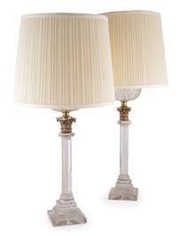 Four Glass and Brass Column Form Table Lamps