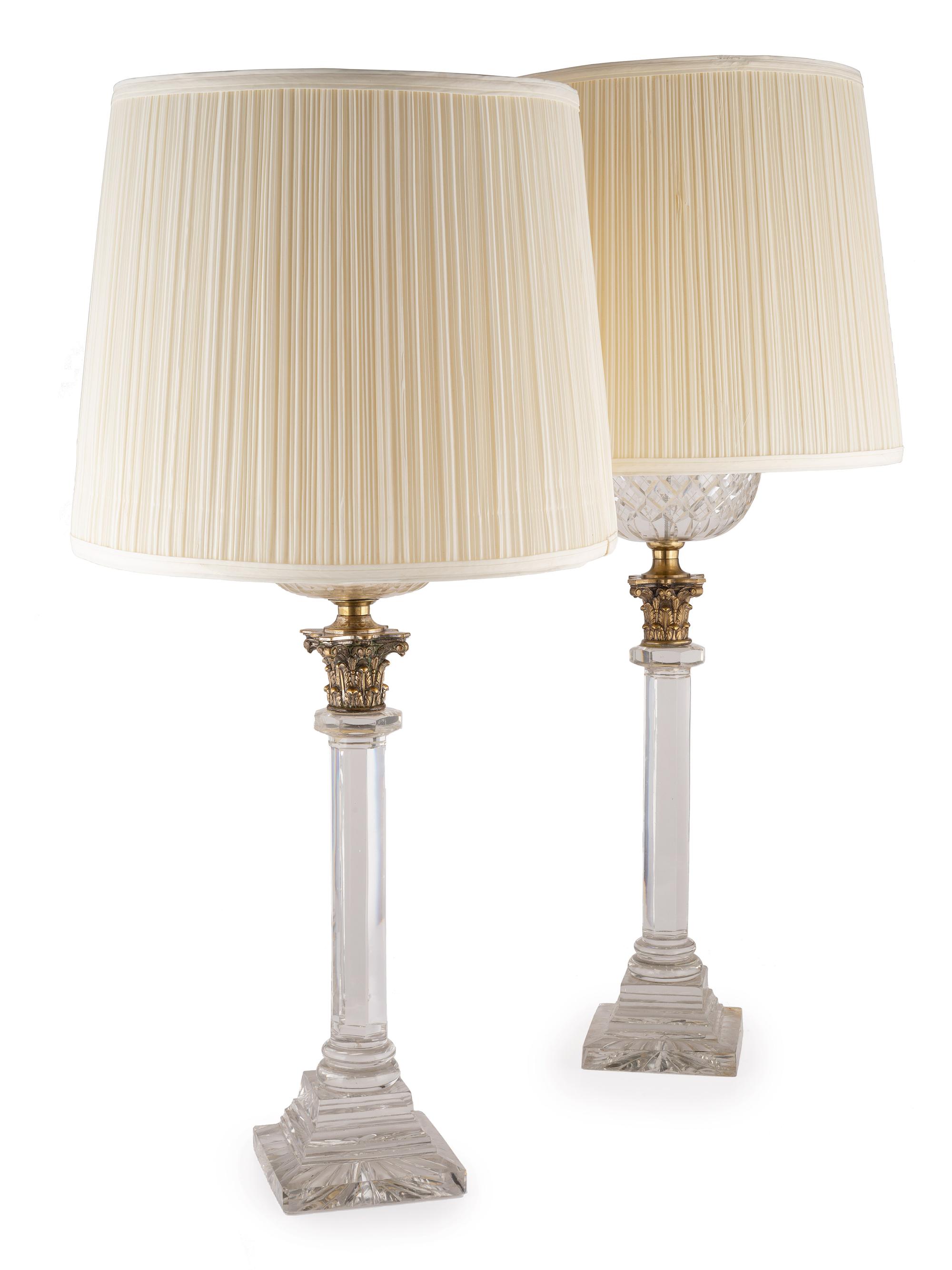 Four Glass and Brass Column Form Table Lamps