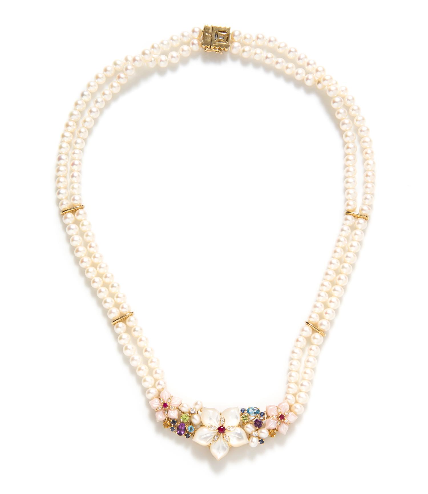 A 14 Karat Yellow Gold, Cultured Pearl, and Multi Gem Necklace,
