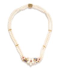 A 14 Karat Yellow Gold, Cultured Pearl, and Multi Gem Necklace,