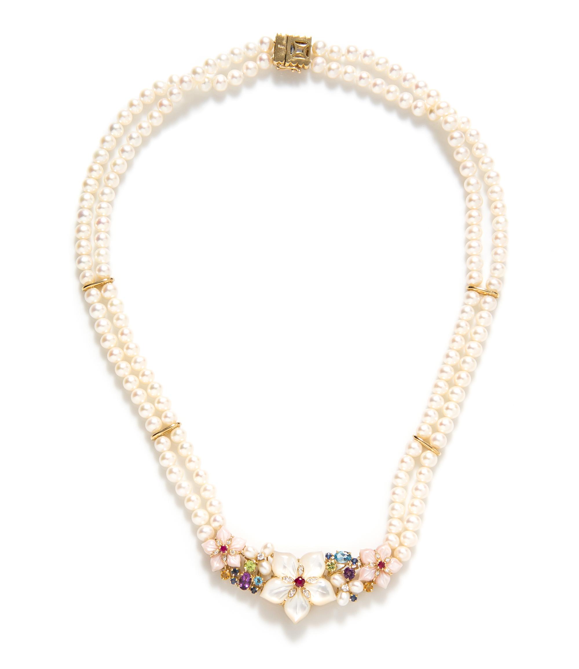 A 14 Karat Yellow Gold, Cultured Pearl, and Multi Gem Necklace,