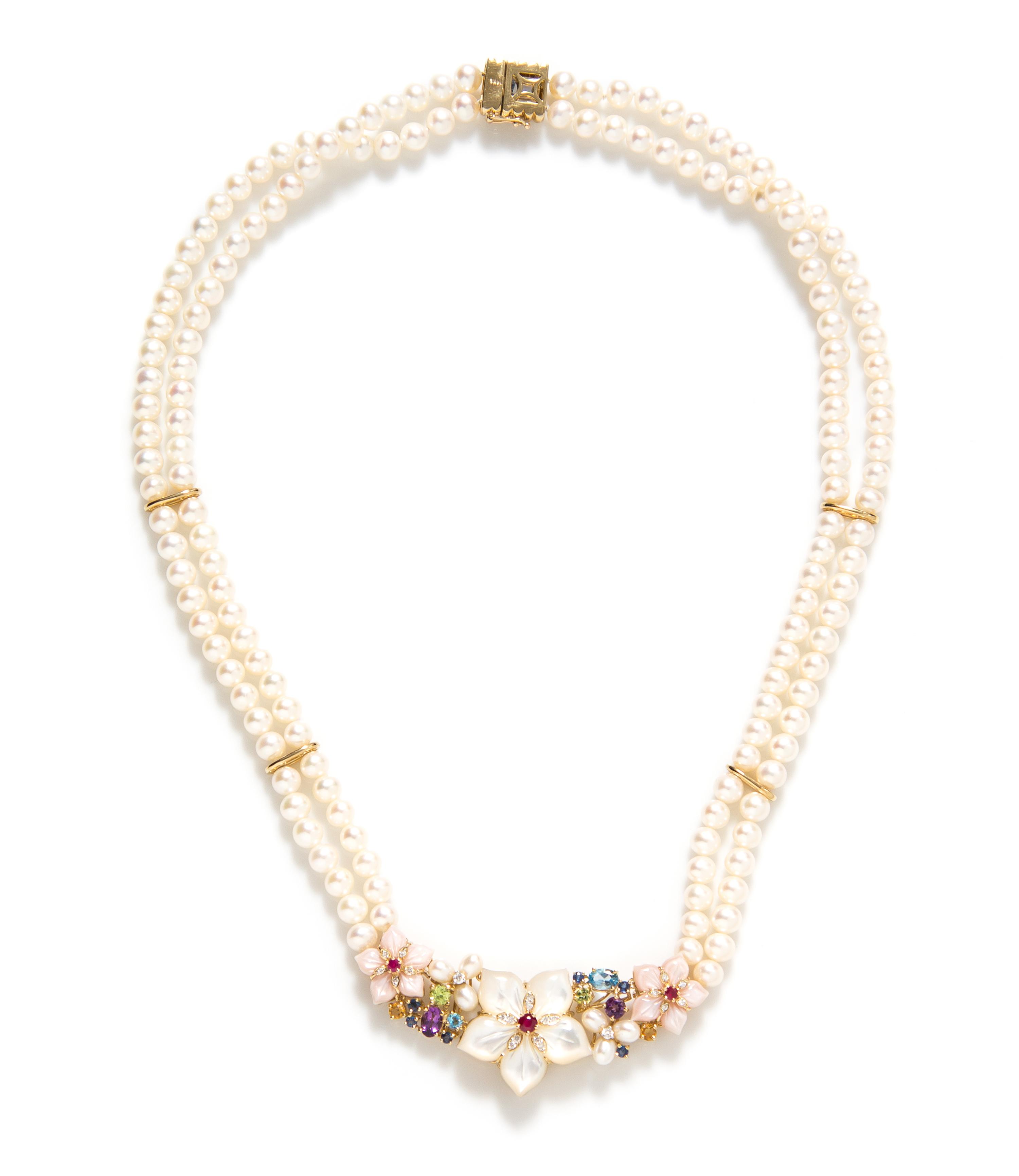 A 14 Karat Yellow Gold, Cultured Pearl, and Multi Gem Necklace,