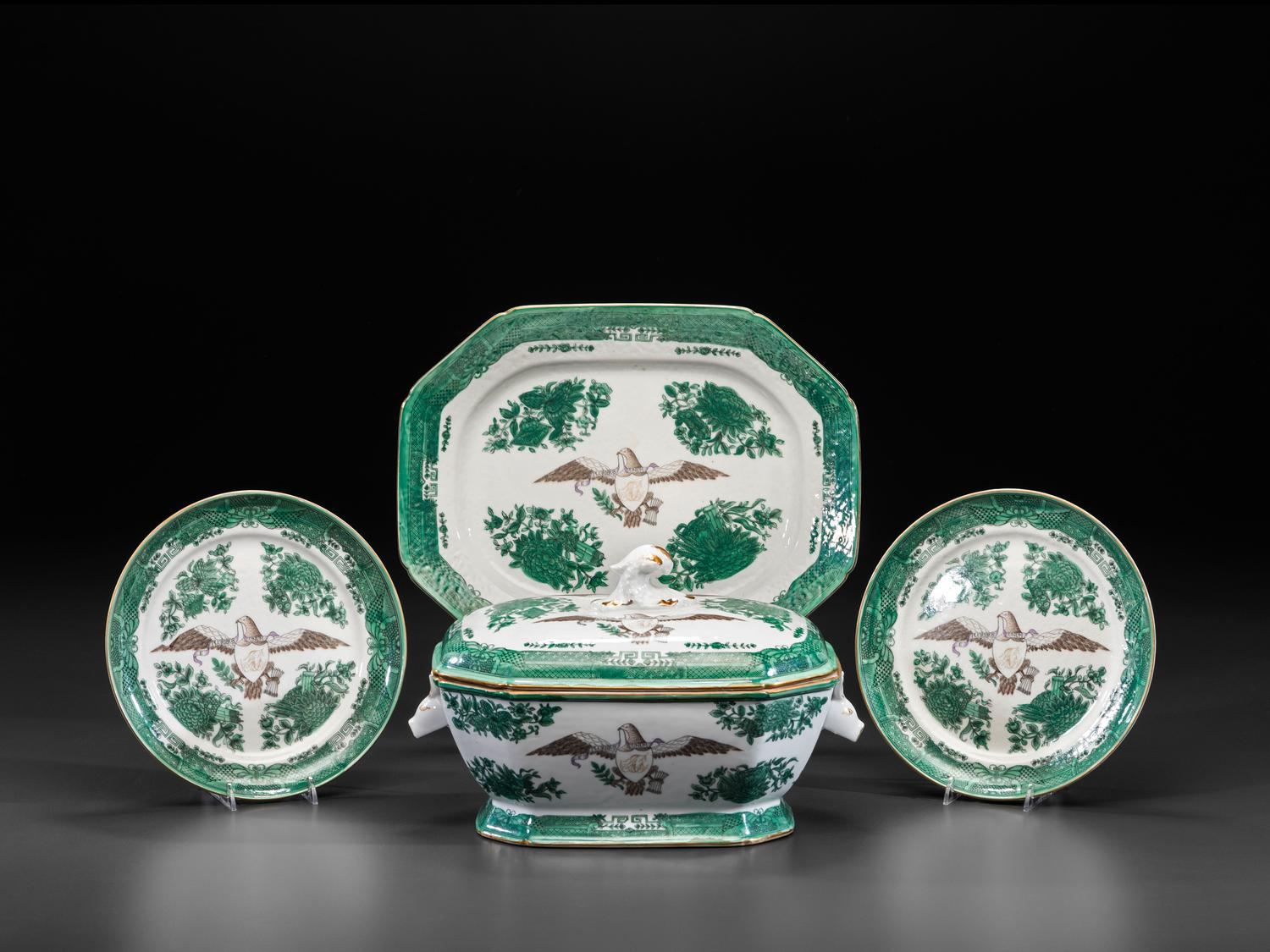 Four Chinese Export Green Fitzhugh Porcelain Articles for the American Market