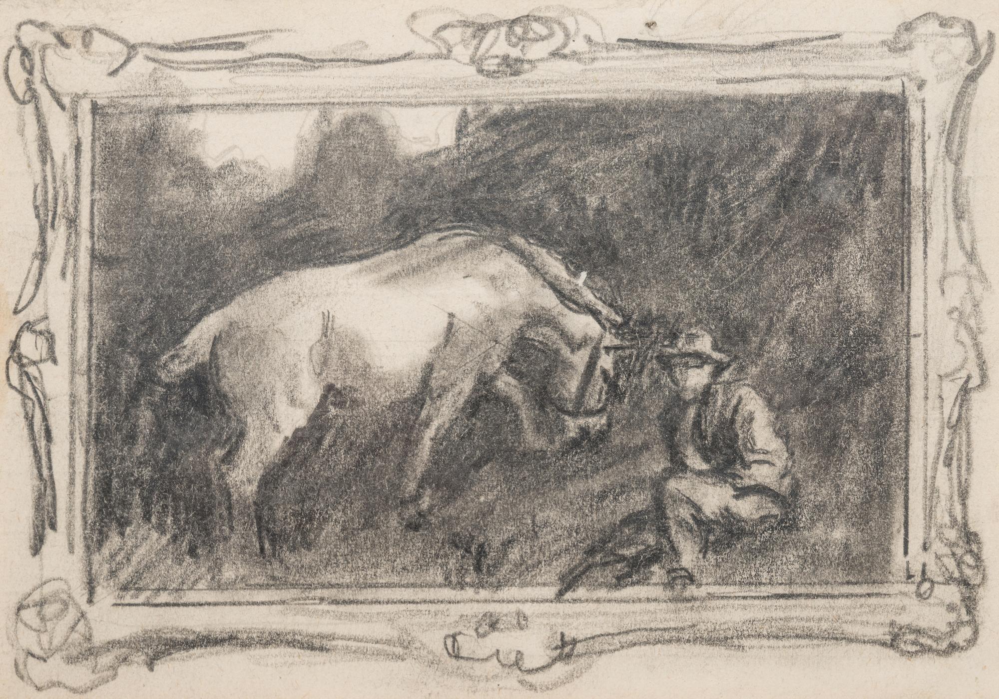 Sketch of "The Grey Pony, Augereau, in a Sandpit with Groom, George Curzon"
