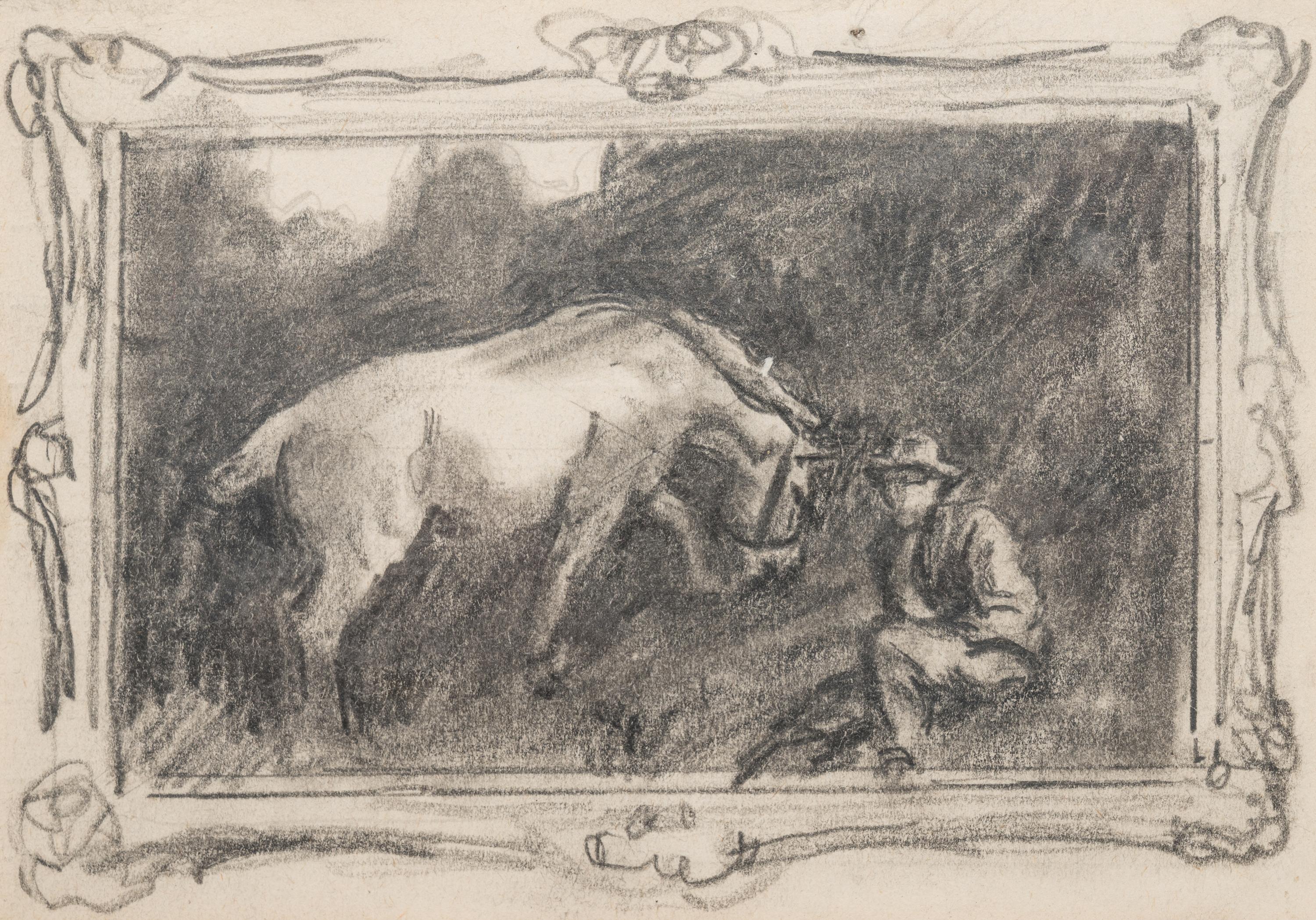 Sketch of "The Grey Pony, Augereau, in a Sandpit with Groom, George Curzon"