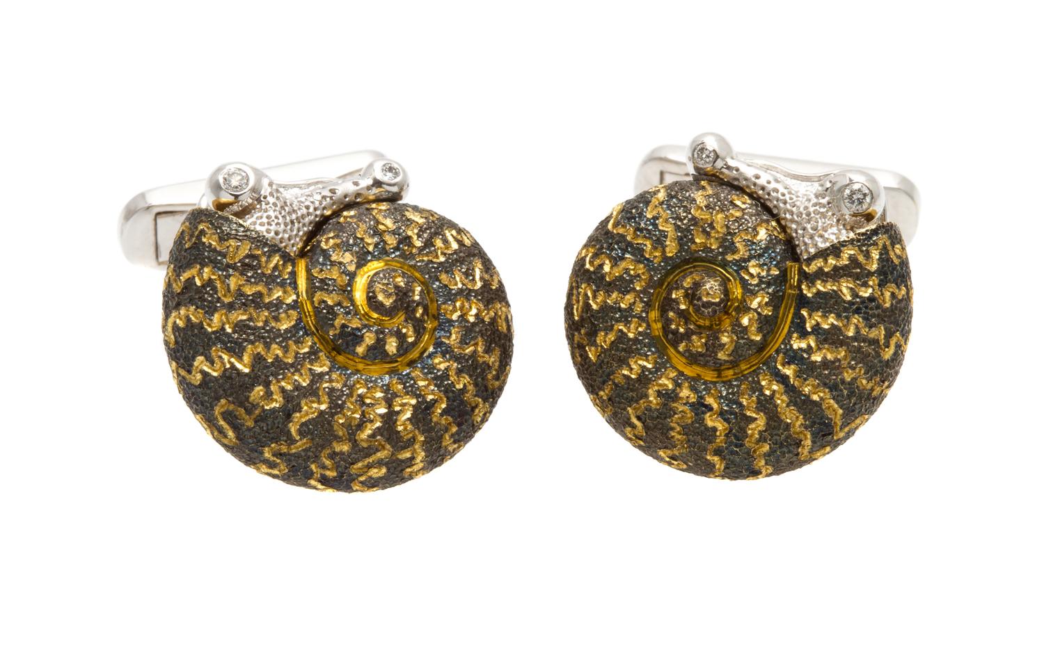 A Pair of 18 Karat Gold and Diamond Nautilus Cufflinks, Alex Soldier, 10.40 dwts.