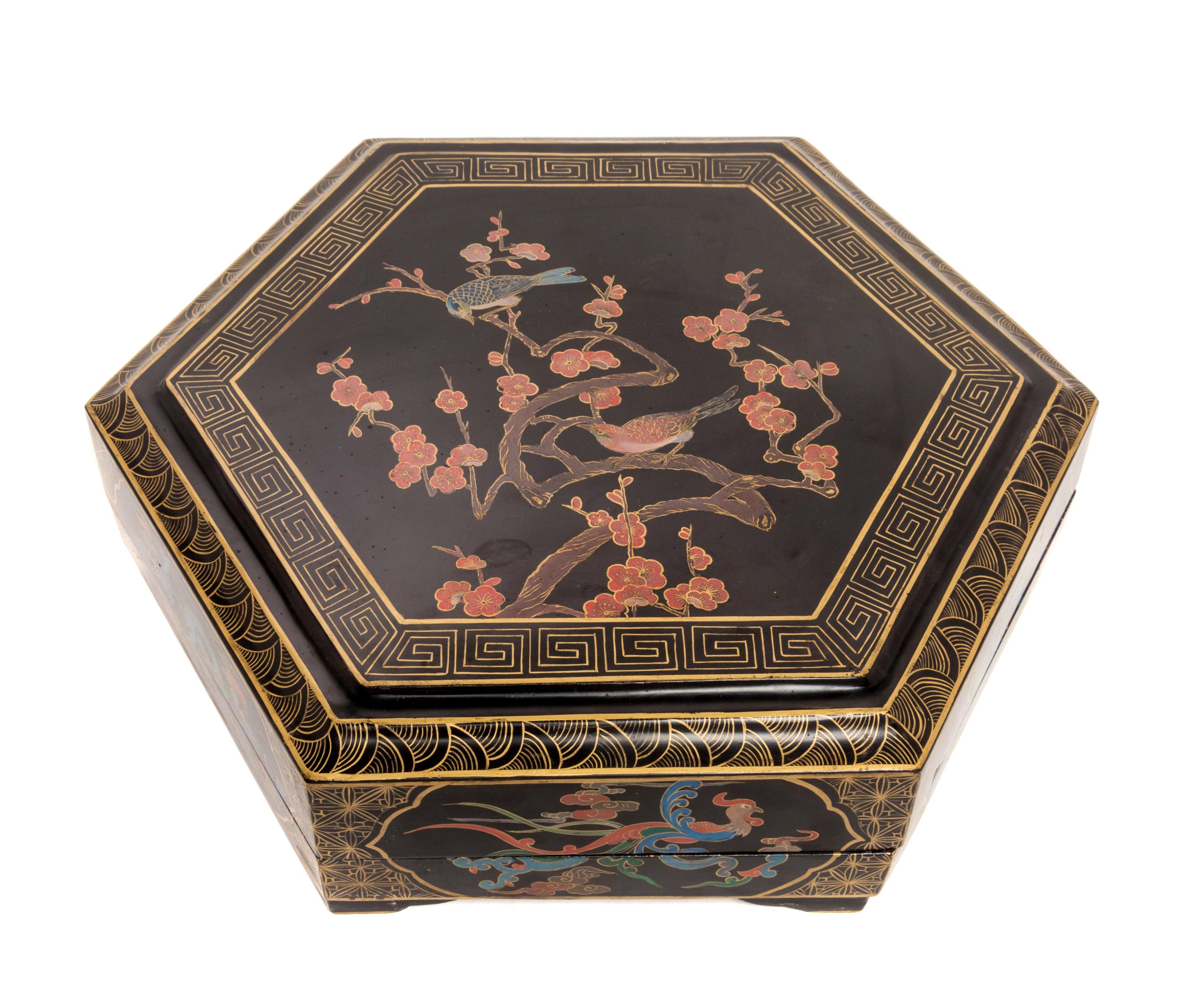 A Black Lacquer Covered Box Diameter 19 3/4 inches.